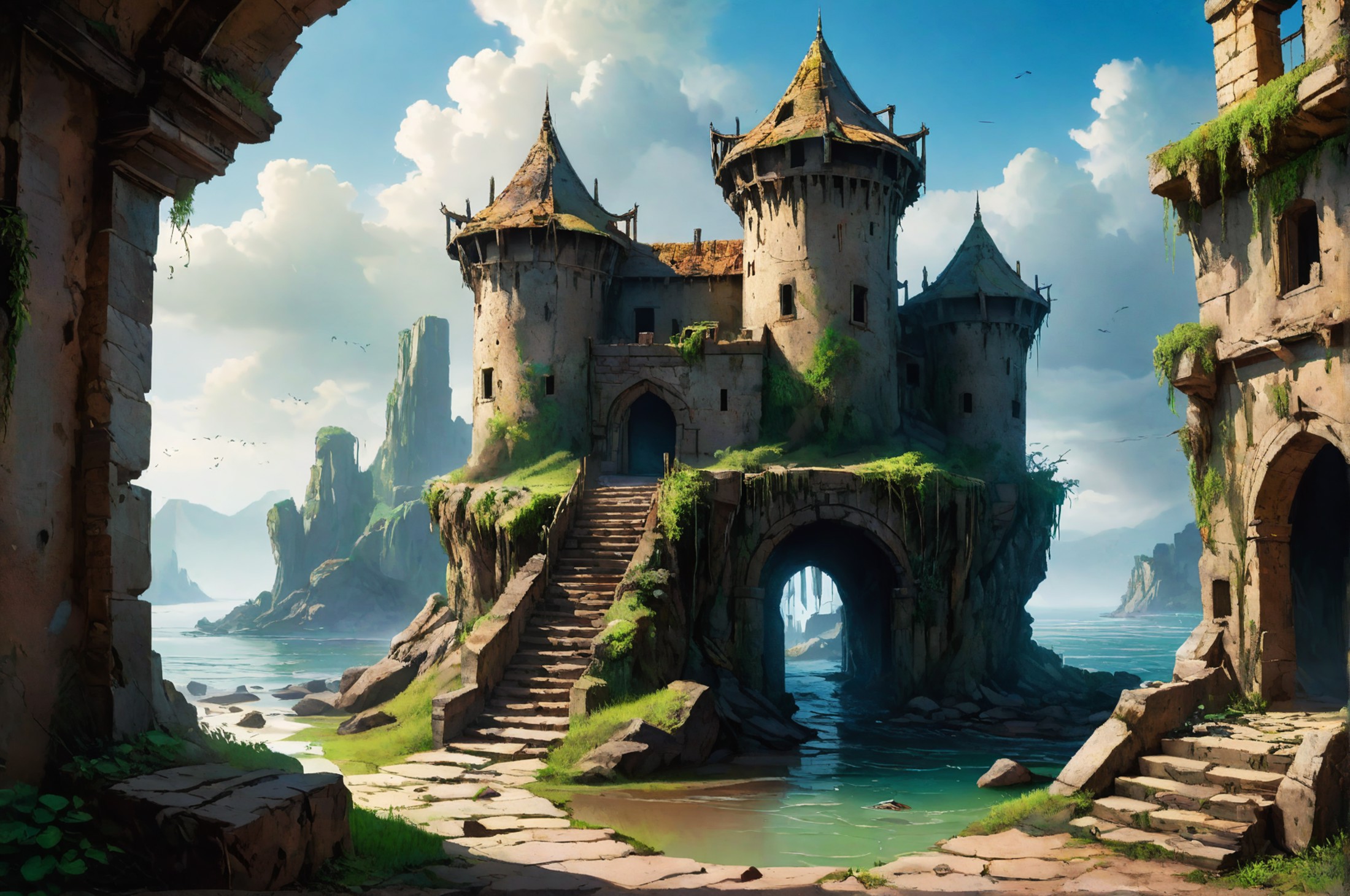 (masterpiece, best quality:1.2),a beautiful illustration of a in a post-apocalyptic crumbling castle,stuck drawbridge,weed...